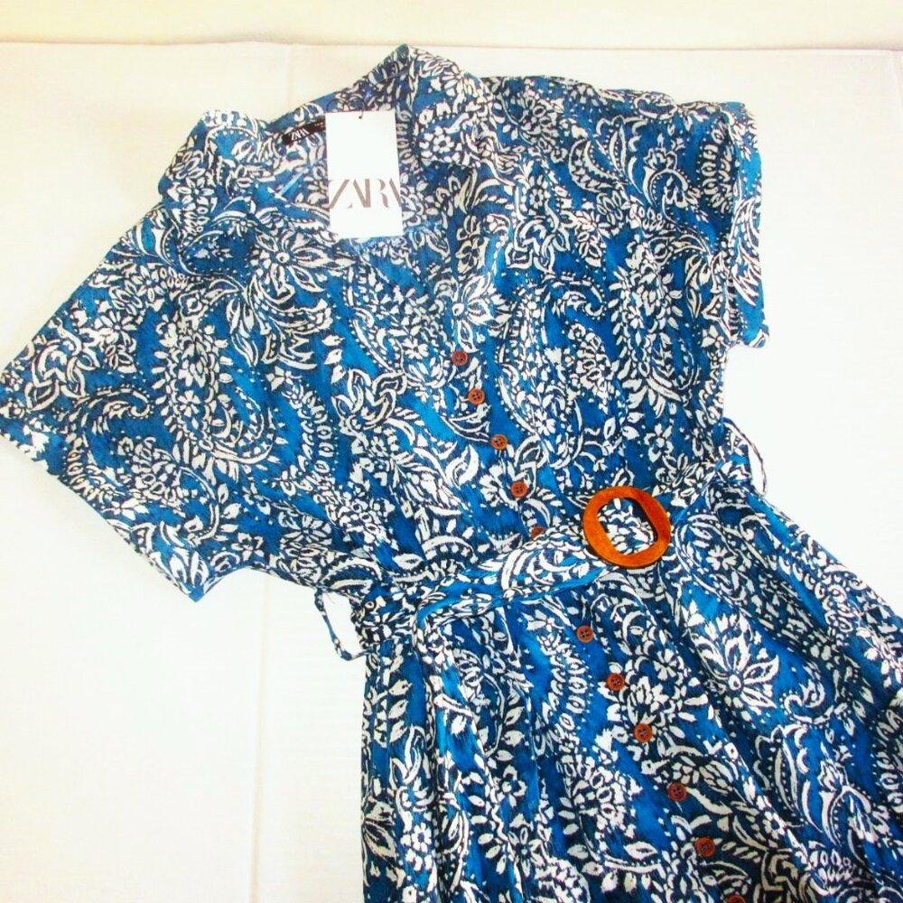 ZARA 100% Cotton Floral Blue Midi Dress Medium Button Front Belt Paisley Print - Picture 5 of 12